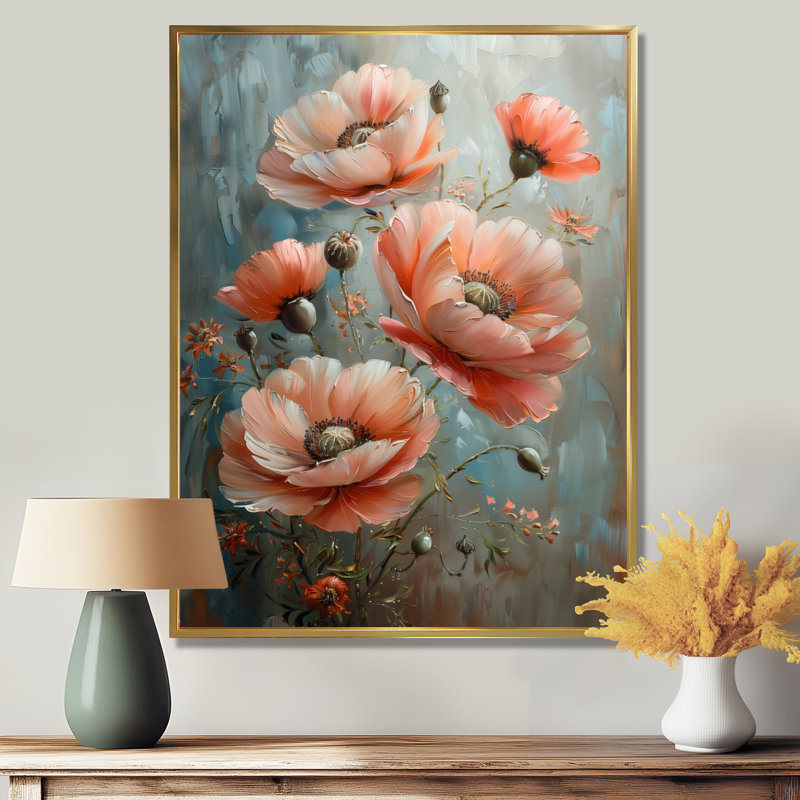 Charm rose nature morte coquelicots gris I - coquelicots décoration murale, Toile avec cadre flottant or