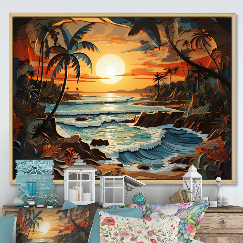 Coastal Collage At Sunset I - Décoration murale moderne, H 12 po x l 20 po x P 1 po, Cadre flottant brun