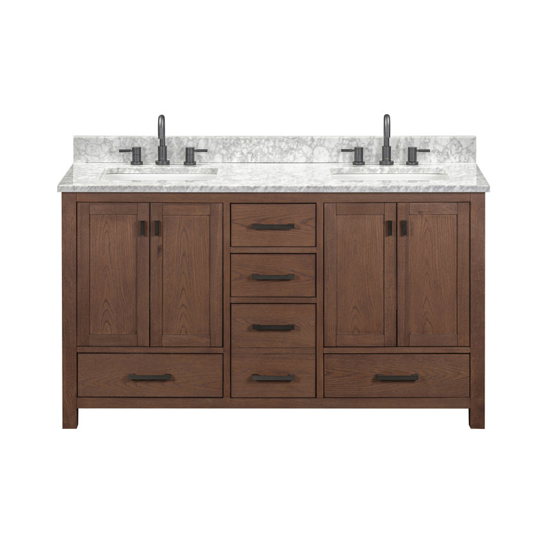 Modero 60" Double Bathroom Vanity with Top, Mocha Oak, Carrara White, Black