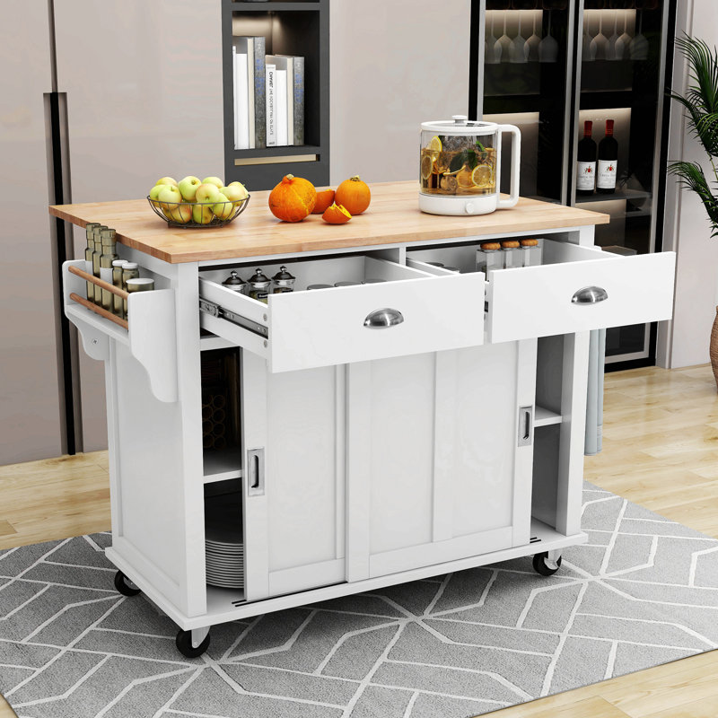 Buccigross 52.2'' Wide Rolling,with Rubber wood Drop-Leaf Countertop, Concealed sliding barn door adjustable height,Kitchen Island on 4 Wheels with Storage Cabinet and 2 Drawers,island,coffee cart