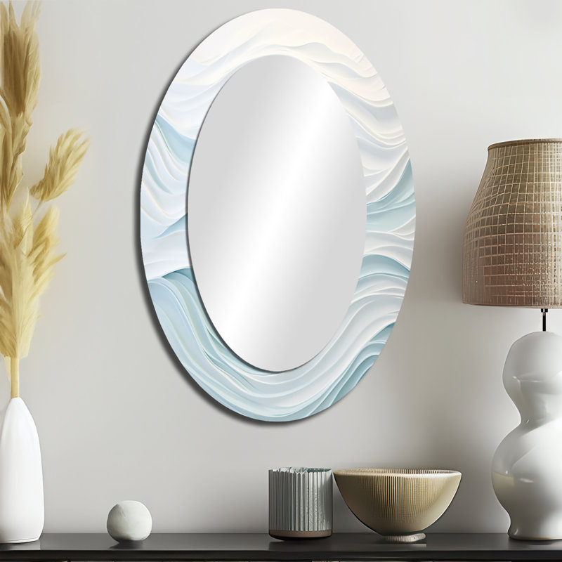 Bleu et blanc Simplicity Wave - Grand miroir mural ovale sur métal, 36 po x 24 po