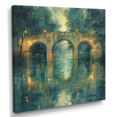 «Beige Green River Reflections Park Bridge II», reproduction d'art mural