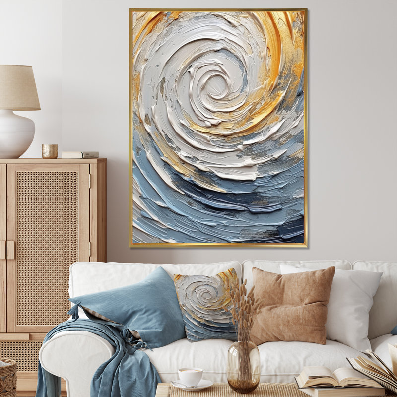«Gold and Blue Vibrant Spirals V», reproduction sur toile, Cadre flottant doré, H 32 po x l 24 po x P 1 po