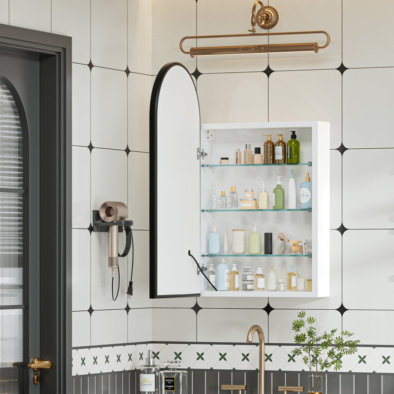 Arched Medicine Cabinet With Lights,16X31 In Brushed Black Medicine Cabinet With Mirror,3-Color Lighted Storage Mirrored Cabinet Wall Mounted For Bathroom