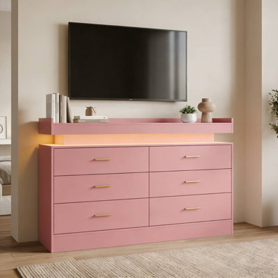 TV Stand Cabinet with Led Lights & Charging Station, Coffee Bar Cabinet Floating Countertop, Modern Sideboard Table 6 Drawers for Home, 47.24" w*15.75" d*31.5" h