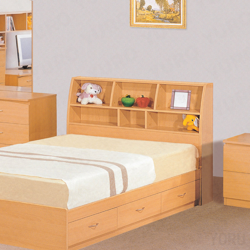 Tête de lit bibliothèque double, 2 tablettes, 5 casiers pour la chambre à coucher - Hêtre
