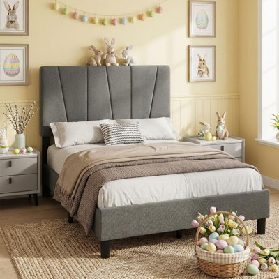 Bed Frame with 3-Level Adjustable Headboard, LinenUpholstered Platform Bed Frame with Wood Slat Support, Modern Geometric Wingback Bed, No Box Spring Needed, Easy Assembly