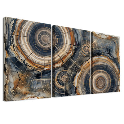 Ensemble de 3 toiles murales à motif géométrique d'anneaux d'arbre bleus et dorés