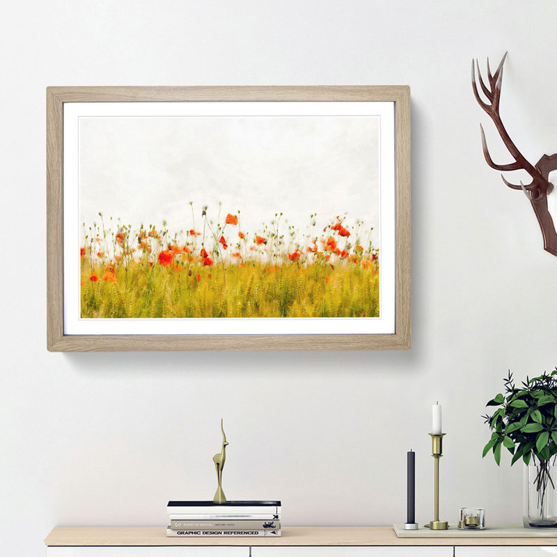 Field of Poppy Flowers - Picture Frame Graphic Art Print, 62cm H x 87cm W x 2cm D, Oak Framed