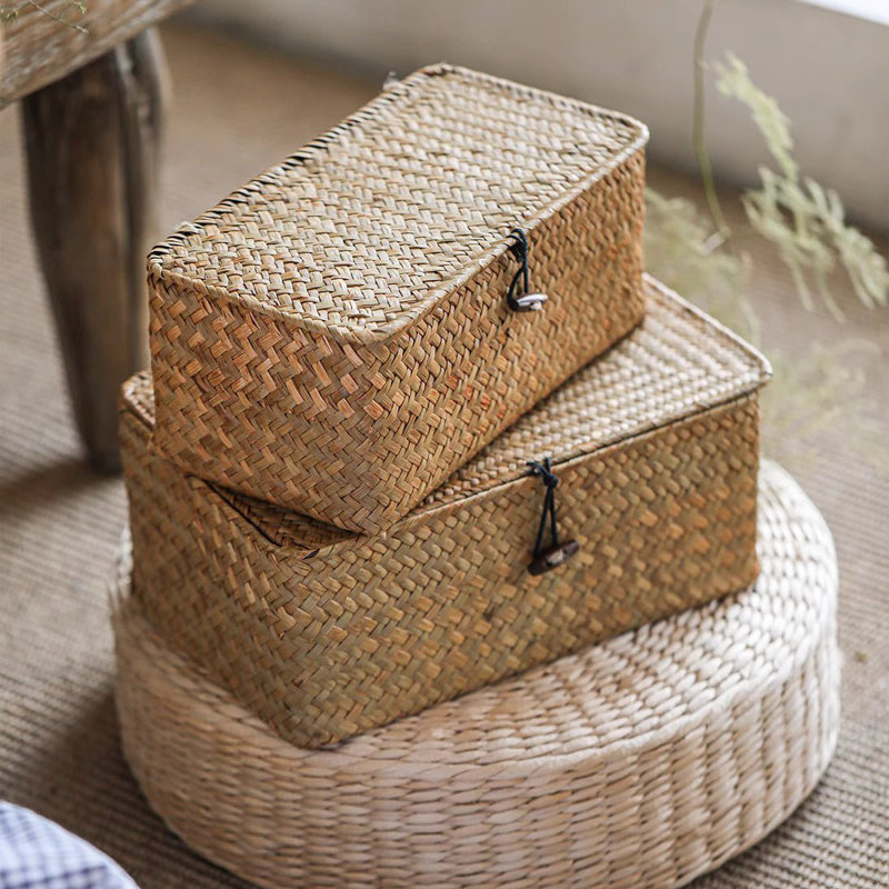 Rectangular Natural Straw Storage Basket with Lid, 4.9" H x 11.8" W x 7.1" D