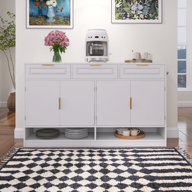 Farmhouse Sideboard With 3 Drawers & 4 Doors,59.1" Multi-Functional Storage Buffet With Adjustable Shelf And Open Storage Compartments,White