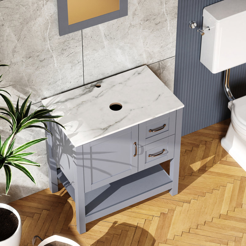 Meuble-lavabo gris de 30 po avec plateau rabattable et craquelé et miroir - Scratch, revêtement en feuille spéciale, s'adapte à toutes les salles de bain - Poignée bronze chic avec motif à l'huile, couleur riche