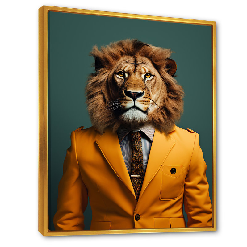 Jaune avec lion II, Cadre flottant doré, H 44 po x l 34 po x P 1,5 po