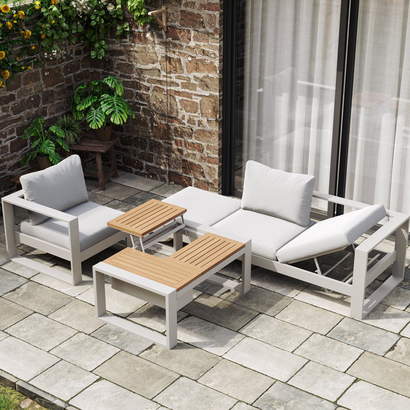 4-Pieces Modular Outdoor Sofa Set Aluminum & Acacia Patio Conversation Set With Height-Adjustable Coffee Table For 4 Person