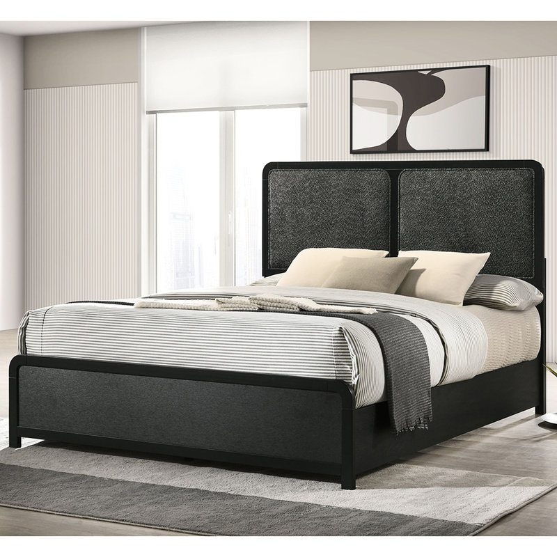 Grand lit à panneau tapissier noir moderne avec tissu gris anthracite, coins arrondis, bas et bois d'hévéa pour chambre à coucher avec placage Mid-Century