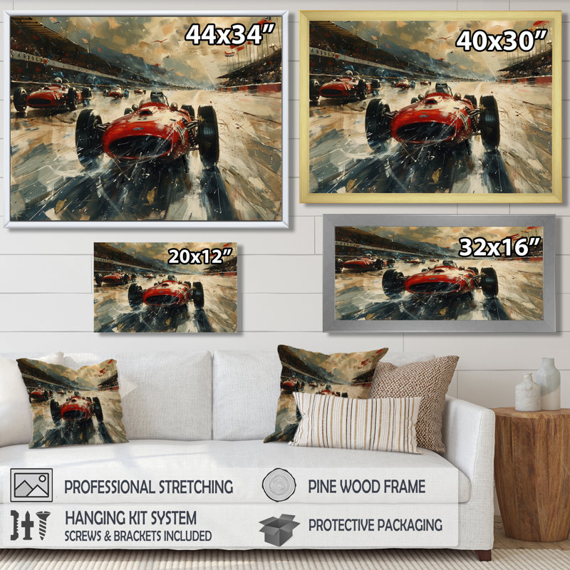 Rétro piste de course de voiture classique II - salon d'art mural, H 34 po x l 44 po x P 1,5 po, Toile tendue