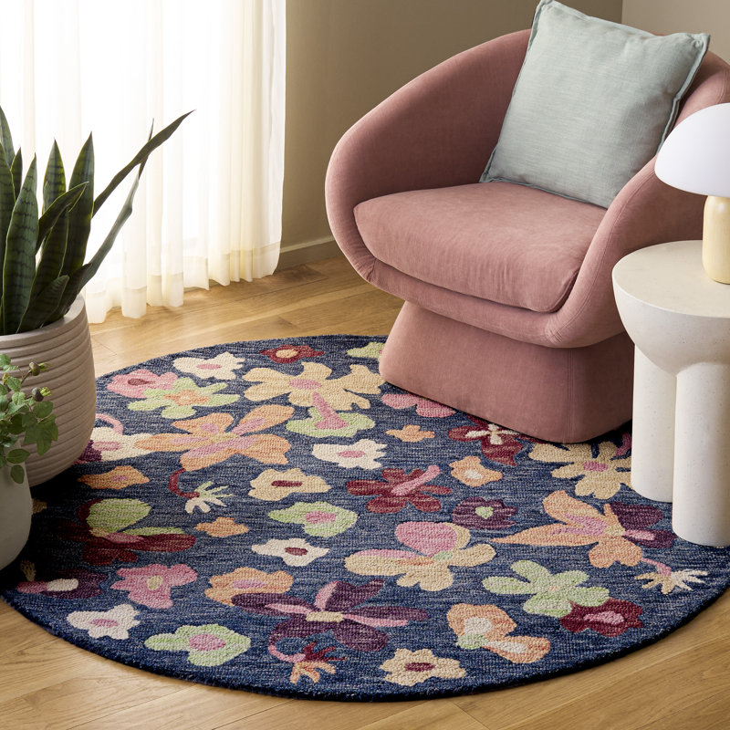 Laine touffetée à la main Jardin; Tapis d'intérieur floral en coton, Rond 5 pi