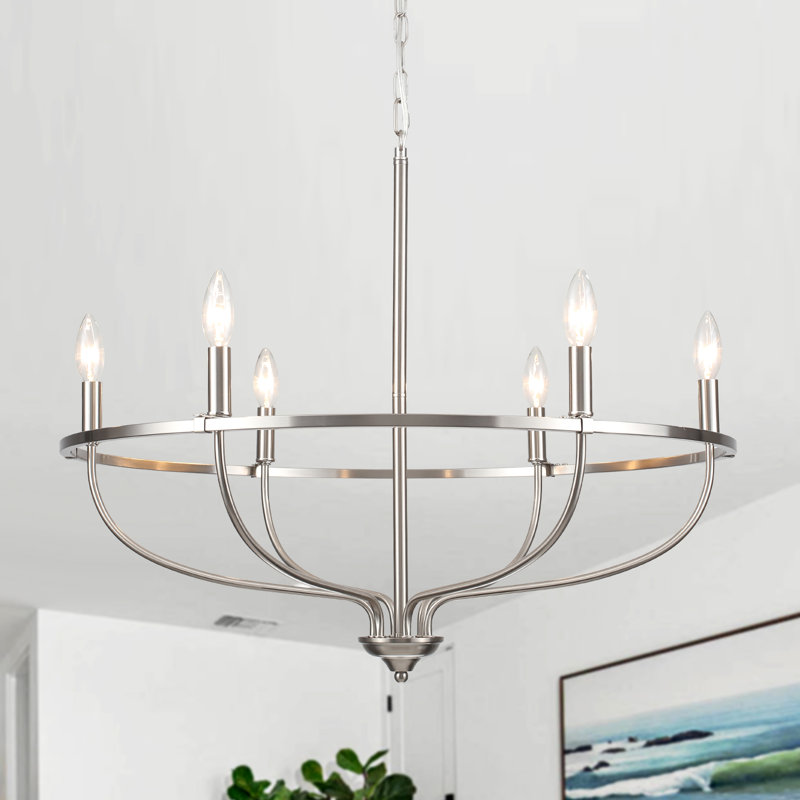 6 - Light Dimmable Wagon Wheel Chandelier, Brushed Nickel