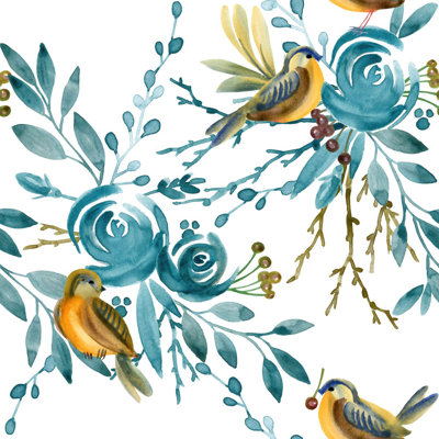 Birds on Blue Flowers Wallpaper Pre-Pasted Vinyl Floral