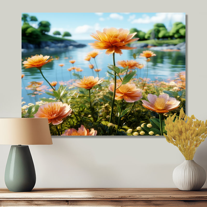 «Vibrant Orange Flower By Summer River», reproduction d'art murale, Métal métal, H 12 po x l 20 po x P 1 po