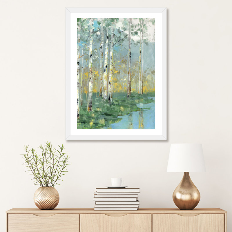 «Birch Reflections III» par Sally Swatland - reproduction d'art, H 32 po x l 24 po x P 1 po, Papier encadré blanc