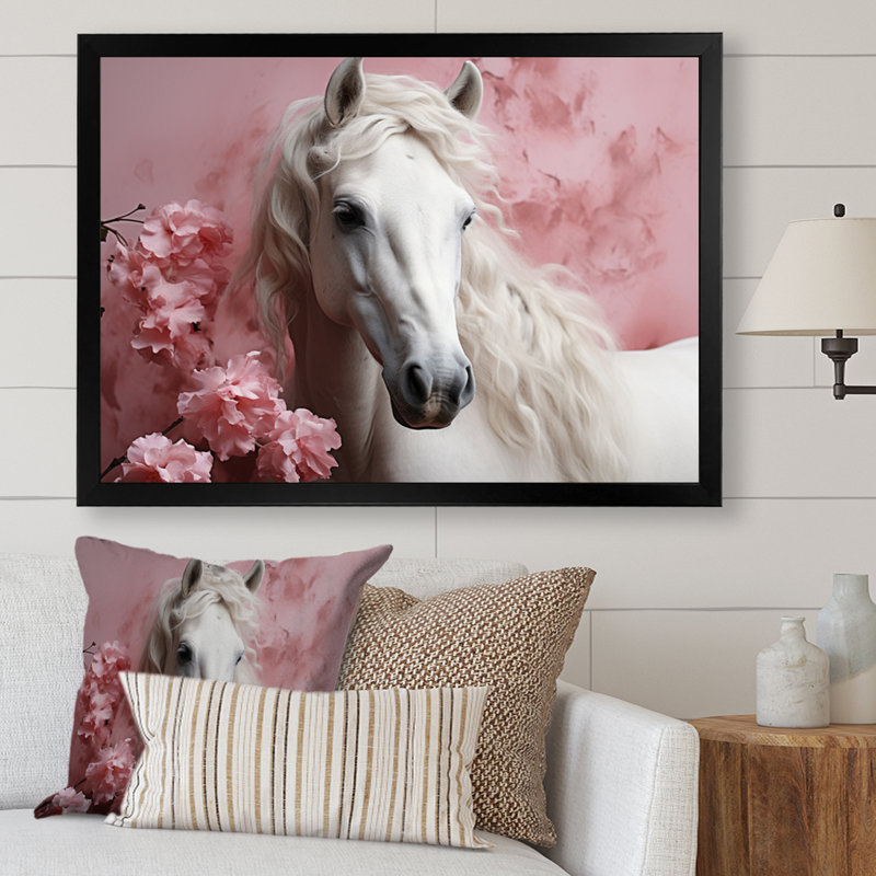 Cheval rose blanc doux beauté - art mural cheval, Cadre simple noir, H 16 po x l 32 po x P 1 po