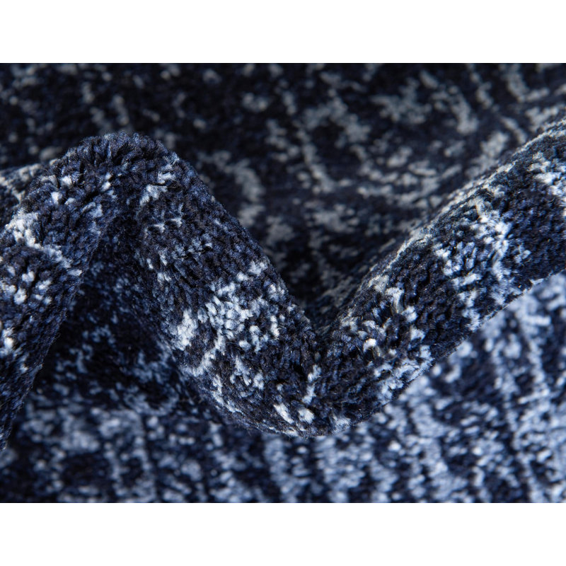 Tapis tissé à la machine à motif abstrait bleu Emaria, Rond 7 pi 10 po