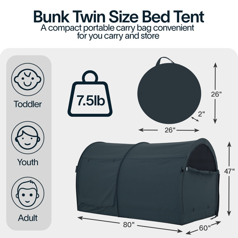 Bed Tent Canopy - Pop Up Privacy Sleeping Tent for Indoor Use, Light Reducing & Breathable Grey Cottage Design, Portable Frame with Mesh Windows