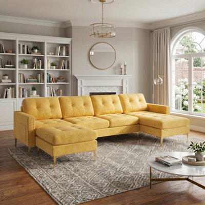 110.6"Velvet Sectional Convertible Sofa Couch L-Shaped Yellow
