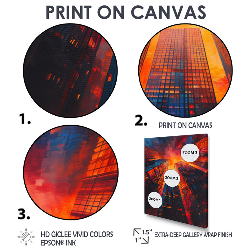 Décorations murales en verre orange gratte-ciel orange - gratte-ciel, Toile avec cadre flottant noir
