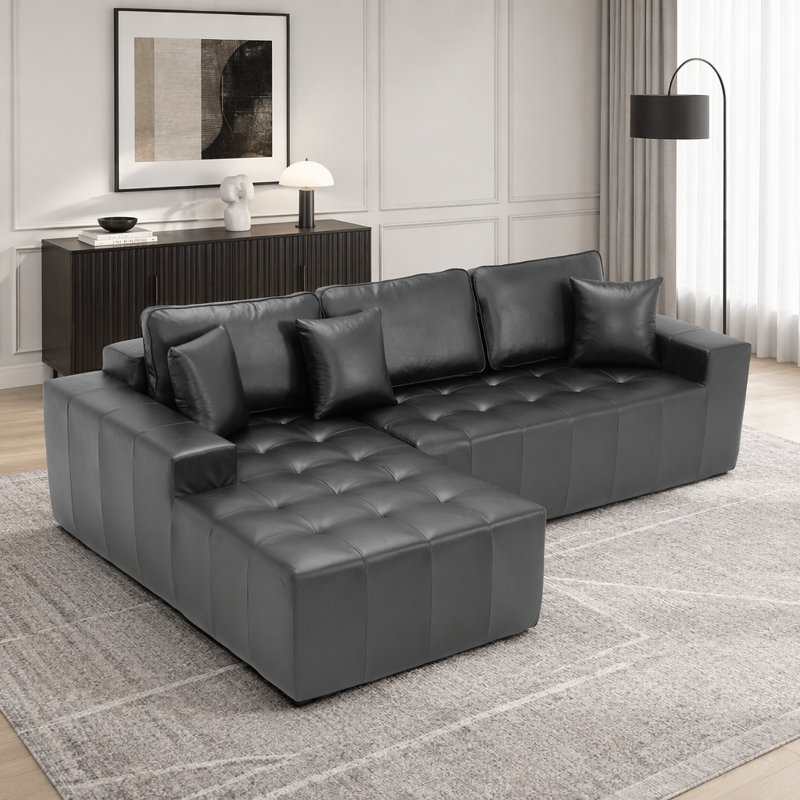 Canapé-lit à compression en L sans assemblage, Black Faux Leather - Left Chaise, Black Faux Leather