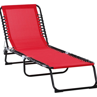Beach Yard Chair. 4 Reclining, Breathable Mesh. With Pillow, Bungee Seat. For Patio, Pool. Red Folding Sun Lounge Reclining Back, Mesh &