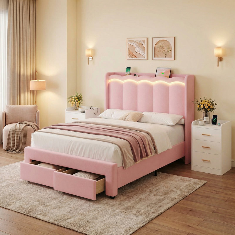 3-Piece Bedroom Sets, Upholstered Storage Bed with Open shelf, 2 Nightstands with 3 Drawers, Pink, Full