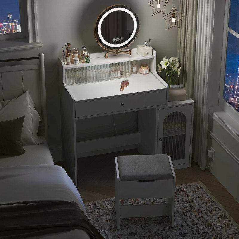 Bureau de coiffeuse blanc avec miroir pivotant à 360 ° et lumières réglables, coiffeuse pour filles avec fauteuil de rangement et armoire d'appoint avec portes en verre Waveform, coiffeuse avec tiroir pour la chambre à coucher