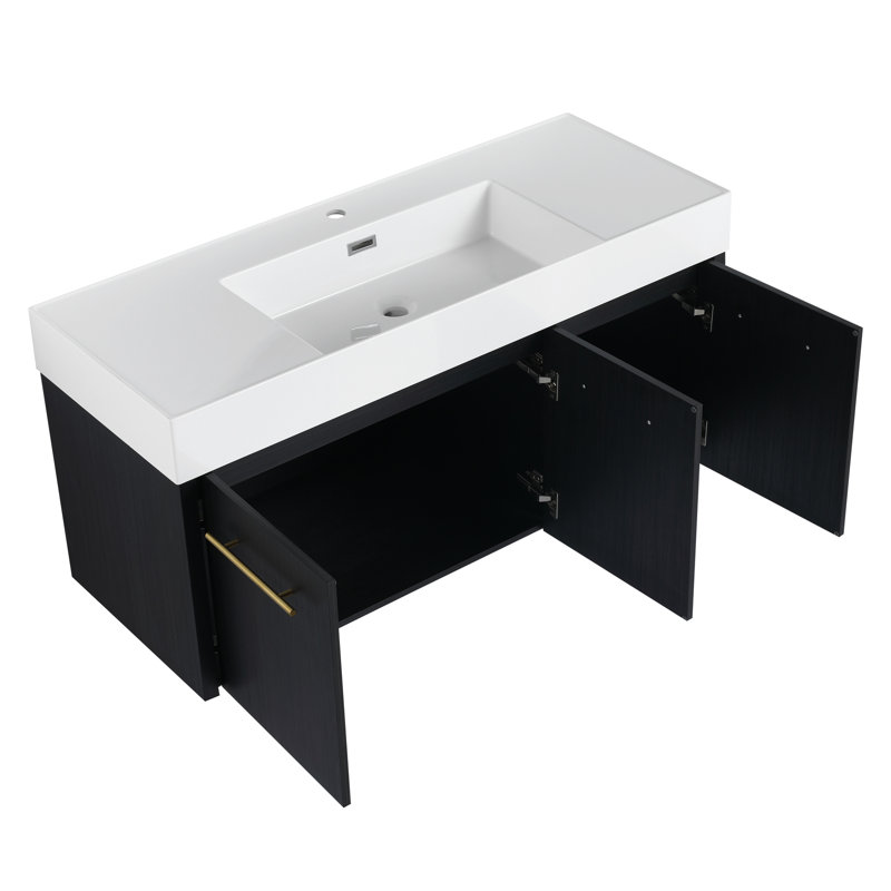 Bathroom Vanity With Sink 48". Wall Mounted, Black Chestnut. Thick Resin Basin, Smooth Hinges, Plywood Build Vanity, 48 Inch . Chestnut Tone, Unit