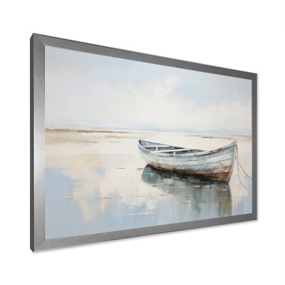 Bleu et blanc, petit bateau au bord du lac I - impression sur toile