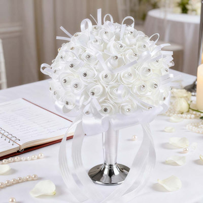 Wedding Bouquets Crystal Roses Bridal Bridesmaid Wedding Hand Holding Bouquet Artificial Fake Flowers Toss Bouquet, Pure-White