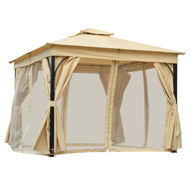 Outdoor Gazebo Tent With Double Roofs, Mosquito Netting & Privacy Screens, Beige