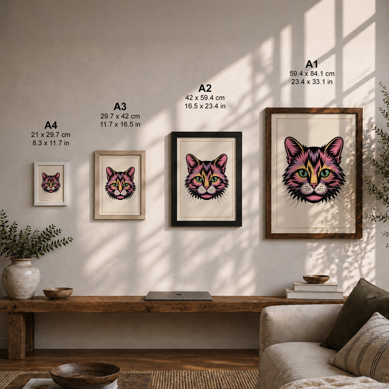 Striped Cat Portrait Modern - Print, A4 - 29.7 x 21.0 cm, Black