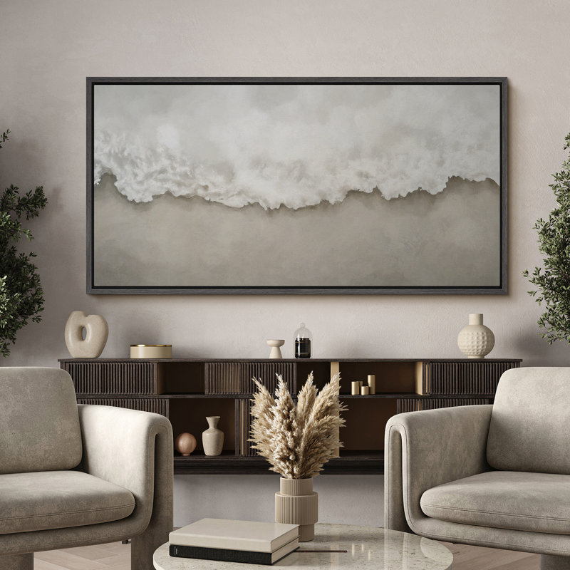 «Waves Crashing on Shore», toile encadrée - Scène côtière minimale dans des tons neutres, H 30 po x l 60 po, Noir