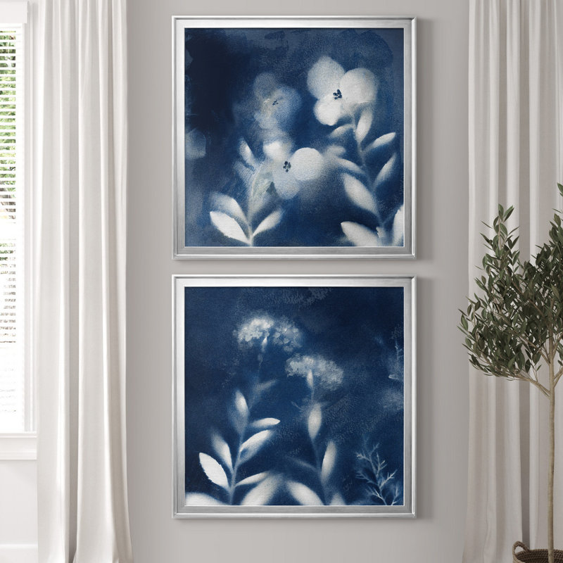 «Nature's Indigo I», ensemble de 2 reproductions d'art encadrées, Toile avec cadre argenté, Pas de tapis