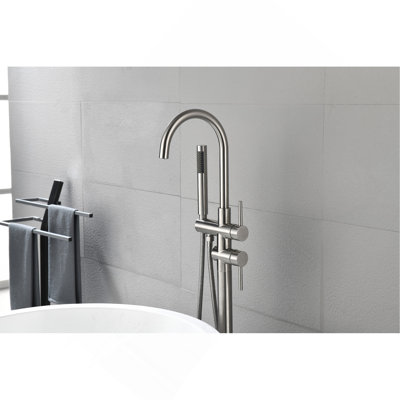 Floor Mounted Tub Faucet High Flow Freestanding Tub Filler Faucet with Handheld Shower Head and Swivel Spout