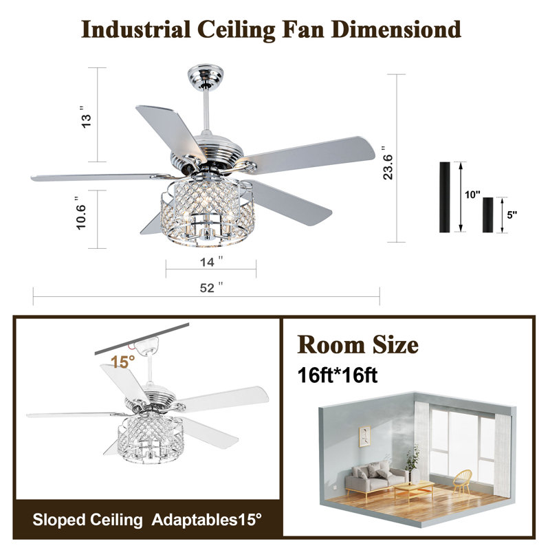 Silas 52" Reversible Crystal Caged Ceiling Fan with Light Kit and Remote, Chrome