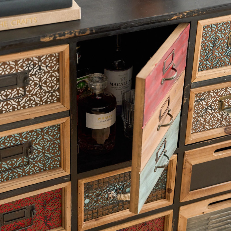 Vintage Storage Cabinet with Multi-Colored Drawers, 35 x 33 inches, Metal Mesh Design, Distressed Fir