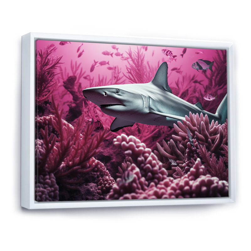 " Hammerhead Purple Sharks ", White Floater Framed, 24" H x 32" W x 1" D