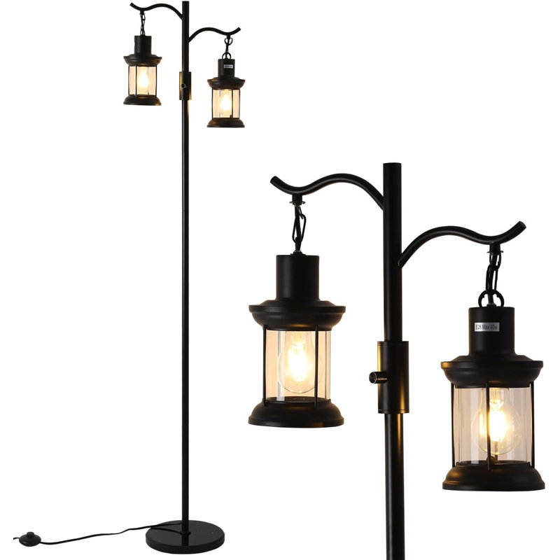 Vintage Dimmable Floor Lamp With 2 Rustic Lanterns, Black Farmhouse Standing Lamp, Bedroom Living Room, Black