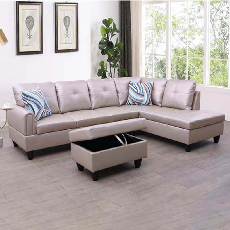 Jayzen 3 - Piece Vegan Sectional, Right Hand Facing, Latte Faux Leather, Black