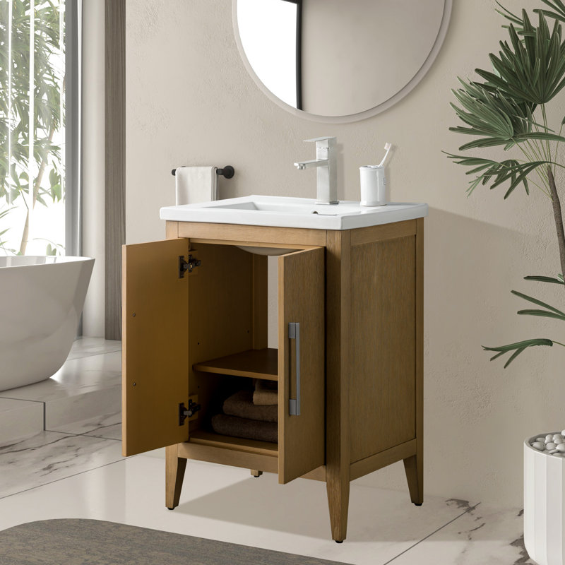 Chambery 24" Single Sink Bathroom Vanity with Ceramic Top, Natural Oak, Brushed Nickel, 24"