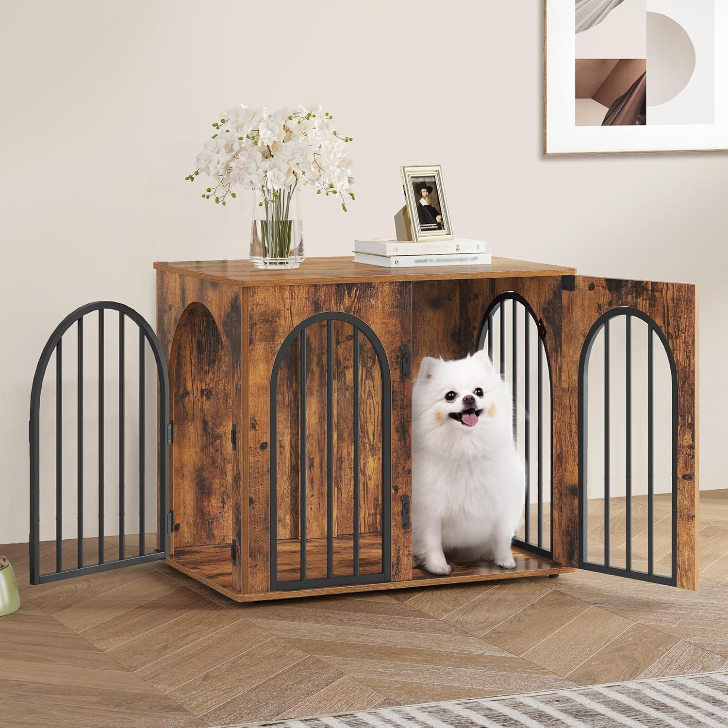 Wooden Dog Crate Furniture TV Stand, Indoor Dog Kennel for Small/Medium/Large Dogs, End Side Table Dogs Crates, Anti-Chew, Anti-Escape, Arched Door Design - 24" H x 31.5" W x 22" D