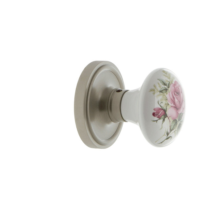 Classic Rosette with White Rose Porcelain Door Knob, Satin Nickel, 2.375"